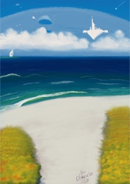 Painting of a beach with dune paths, and a shuttle launching among the clouds