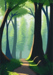 Painting of a sunlit path winding through a dense green forest